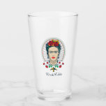 Frida Kahlo | Vintage Floral Glaskopp<br><div class="desc">This captivating design for a glass features a striking stylized portrait of iconic artist Frida Kahlo. Her distinctive features are highlighted, framed by a vibrant headpiece of red and yellow flowers and green foliage. She wears unique skull earrings and a decorative necklace-like motif with red blossoms and a small yellow...</div>