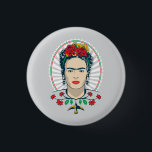 Frida Kahlo | Vintage Floral Knapp<br><div class="desc">This captivating button design features a striking stylized portrait of iconic artist Frida Kahlo. Her distinctive features are highlighted, framed by a vibrant headpiece of red and yellow flowers and green foliage. She wears unique skull earrings and a decorative necklace-like motif with red blossoms and a small yellow bird, all...</div>