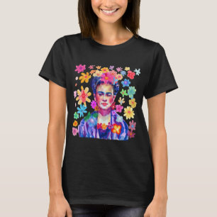 Frida Kahlo Watercolor Retro Groovy Flowers Kvinno T Shirt