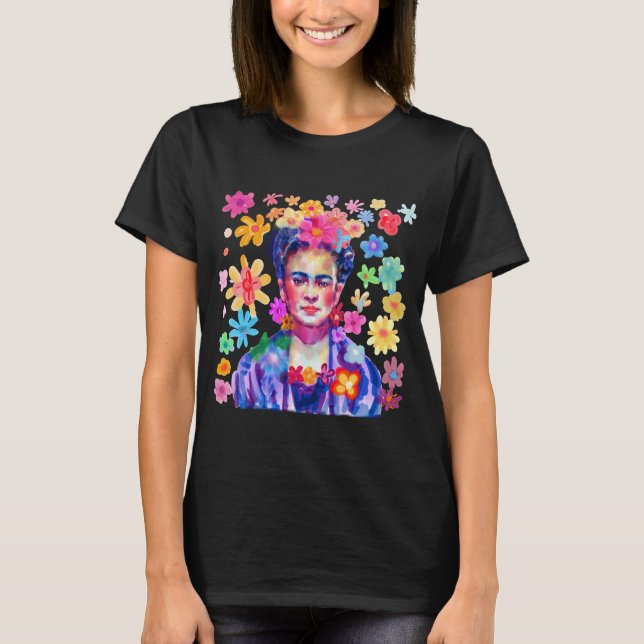 Frida Kahlo Watercolor Retro Groovy Flowers Kvinno T Shirt (Framsida)