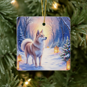 Fridfull Akita på snölyktstig julhund Julgransprydnad Keramik