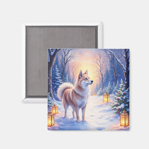 Fridfull Akita på snölyktstig Julhund  Magnet