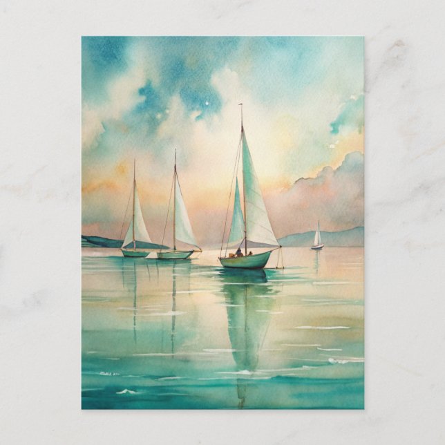 Fridfull Pastell Segelbåtar Marin Konst Vykort (Framsida)