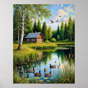 Fridfull stuga vid en skogsdamm med ankor poster