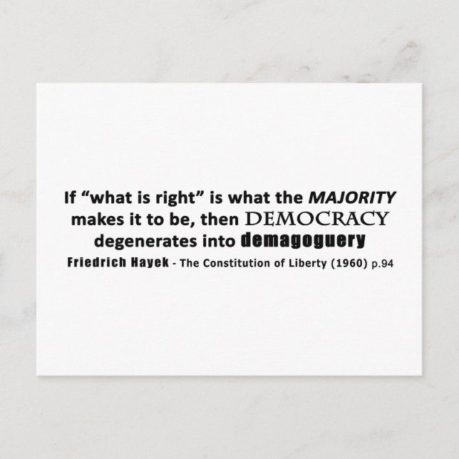 Friedrich Hayek Quote Democracy & Demagoguery Vykort (Framsida)