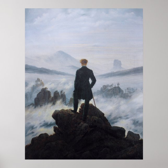 Friedrichs Wanderer ovanför Fog-havet Poster (Framsidan)