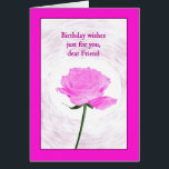 Friend Birthday BeSnyt Rosa ros Hälsningskort<br><div class="desc">Ett vackert födelsedagskort för en vän. En elegant än så,  ett enkelt födelsedagskort. Ett enda rosa ros ramlade i rosa. Den roterande bakgrunden får ro att framträda. Ett vackert,  klassiskt kort som visar att du bryr dig.</div>