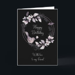 Friend Birthday Bird and Butterflies Kort<br><div class="desc">Grattis på födelsedagen-kortet för en kvinnlig vän har en vacker,  rund ljuslavender,  blommigt ram med en fågel som vilar på dubblan och fjärilar som står ut på en svart bakgrund.</div>