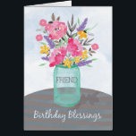 Friend Birthday Blessings Burk Vas med Flowers Hälsningskort<br><div class="desc">Skicka dina vänliga välsignelser inte bara på hennes födelsedag utan under hela året. Söt vattenfärgsblommor i en mason burk vas sätts på en strimlad bordduk. religiösans födelsedagskort i perfekt till din vän.</div>