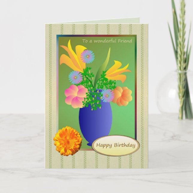 Friend Birthday - exotiska blommor i ett vas-kort Kort (Framsida)
