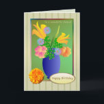 Friend Birthday - exotiska blommor i ett vas-kort Kort<br><div class="desc">Exotiska blommor i ett vas som gränsar till färglöst ram och guldfärgad daisy-tittar blomma till lämnat.</div>