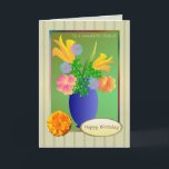 Friend Birthday - exotiska blommor i ett vas-kort Kort<br><div class="desc">Exotiska blommor i ett vas som gränsar till färglöst ram och guldfärgad daisy-tittar blomma till lämnat.</div>