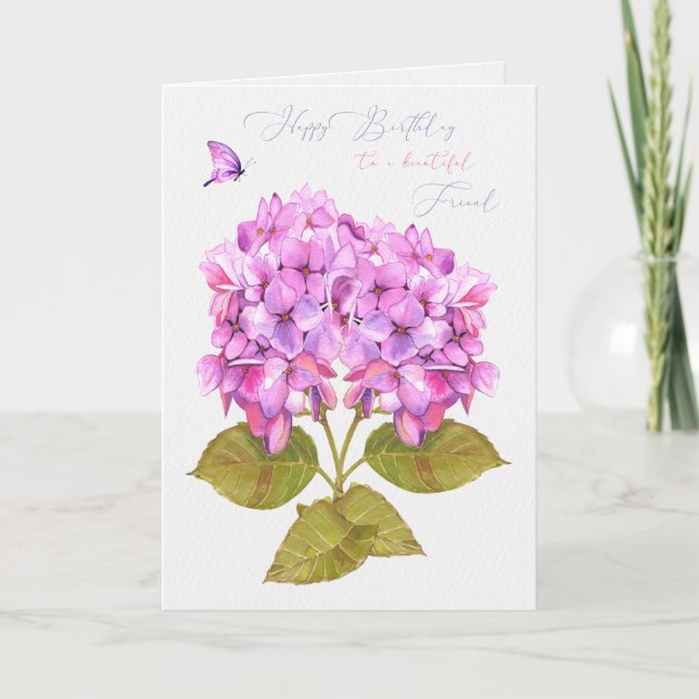 Friend Birthday Hydrangeas och Butterfly Kort (Framsida)