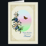 Friend Birthday med Flowers Hälsningskort<br><div class="desc">Ett vackert blommigt födelsedagskort för en vän. En underbar bukett av blå och vita blommor med en brun fjäril på flyget. Bild har ett känsligt gyllene ram.</div>