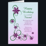 Friend Birthday med Scrollsar och blommor Hälsningskort<br><div class="desc">En elegant och ett vackert födelsedagskort. Ett perfekt till ge till din vän. Lila blommor och glitterelaterade scrollsar gör ett mycket speciellt födelsedagskort.</div>
