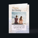 Friend Birthday Photo Modern Bible Verse Christian Kort<br><div class="desc">Bildkort från Friend Birthday visar en modern bruna och blå,  enkel löv-bakgrund. Den har Bible Verse Proverbs 27:9,  "En söt vänskap fräschar upp själen." Den inre skripten ordstäv 27:17 "Vänner skärper sinnet hos varandra". Hälsning kan vara personlig eller raderas för ett handskrivet meddelande.</div>