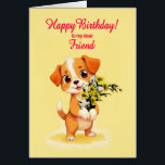 Friend Birthday Puppy and Flowers Hälsningskort<br><div class="desc">Ett sött födelsedagskort för en vän. En lustig valp som håller en massa blommor och säger "Grattis på födelsedagen". Fira en födelsedag med det här oemotståndliga kortet som visar upp en söt valp med en massa daisy blommor,  perfekt för smälter hjärtan.</div>