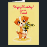 Friend Birthday Puppy and Flowers Hälsningskort<br><div class="desc">Ett sött födelsedagskort för en vän. En lustig valp som håller en massa blommor och säger "Grattis på födelsedagen". Fira en födelsedag med det här oemotståndliga kortet som visar upp en söt valp med en massa daisy blommor,  perfekt för smälter hjärtan.</div>