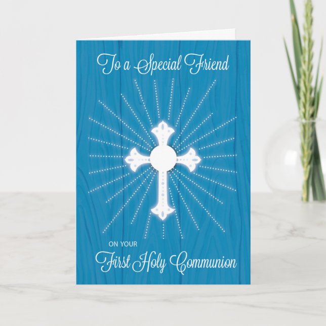 Friend First Communion Kor och Rays on Blue Wood Kort (Framsida)