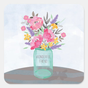 Friend Mors dag Burk Vas med blommor Fyrkantigt Klistermärke