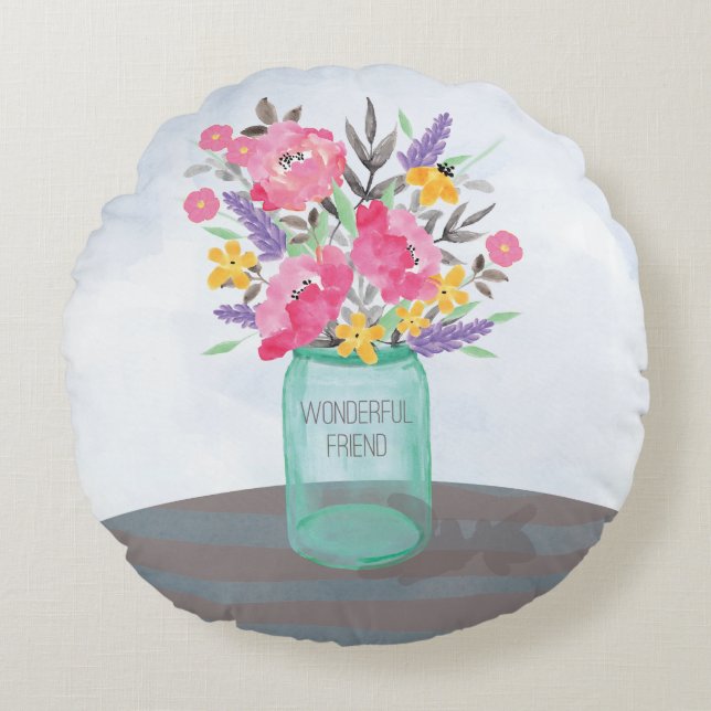 Friend Mors dag Burk Vas med blommor Rund Kudde (Framsidan)