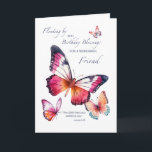 Friend Religiösa Birthday Watercolor Butterflies Kort<br><div class="desc">En fin blandning av rosa, orange och vattenfärgsmusslor i lila går över en ren vit bakgrund och skapar en mjuk och feminin design. På framsidan står "Birthday Blessings for a Wonderful Friend" med den komforterande skriptversen "LORD välsignar dig och behållan dig. — Siffror 6:24 tum centrerade under. Det här kortet...</div>