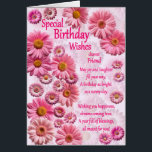 Friend Speciell Birthday Önskemål Rosa Daisy Hälsningskort<br><div class="desc">Ett vackert födelsedagskort för en vän. En underbar fullt av rosa daisy. En underbar hjärtlig vers kompletterar den vackra känsla som kortet för med sig. Skicka önskemål till någon speciell.</div>