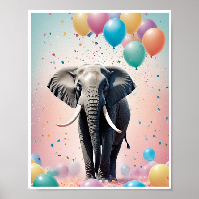 Friendent elefant, färgstarka ballonger konetti Ar Poster (Framsidan)