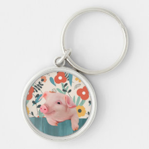 Friendly Baby Pig Cute Baby djur Rund Silverfärgad Nyckelring