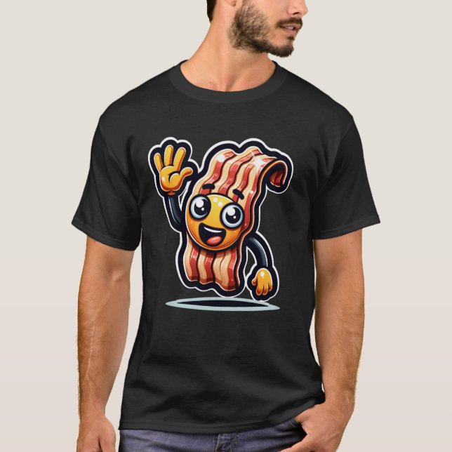 Friendly Cartoon Bacon Character Waving Animated F T Shirt (Framsida)