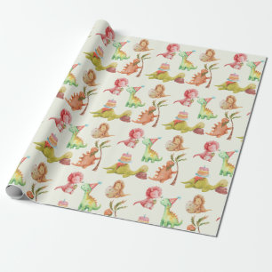 Friendly Dinosaurs Greenery Wrapping Papper Presentpapper