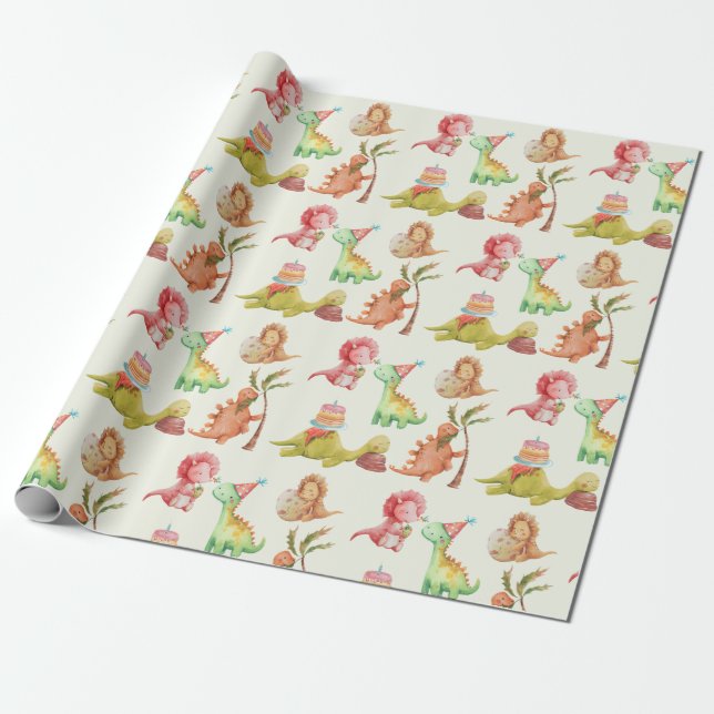 Friendly Dinosaurs Greenery Wrapping Papper Presentpapper (Utrullad)
