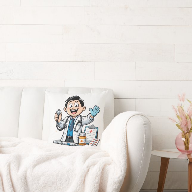 Friendly Doctor Mascot Medical Cartoon Design Kudde (Soffa)