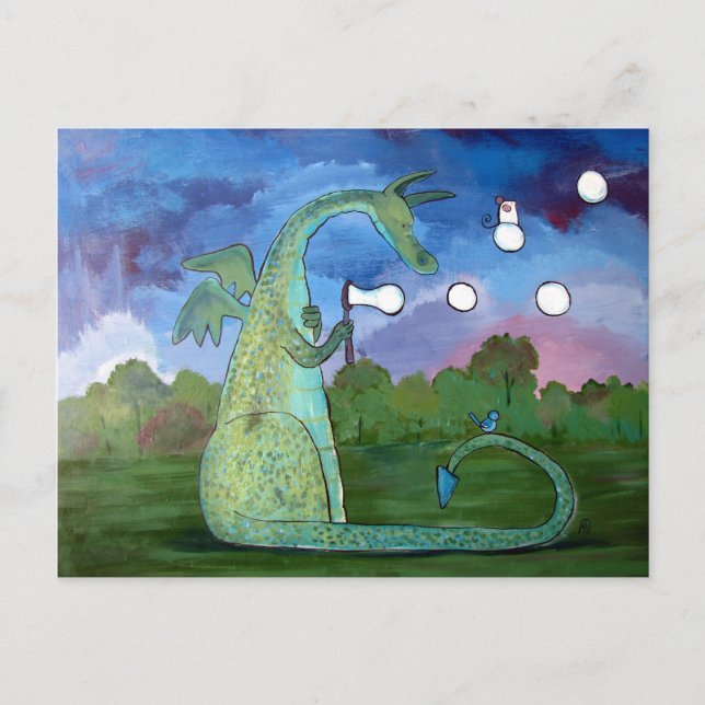 Friendly Dragon Kids Art Cute Whimsical Postcard Vykort (Framsida)