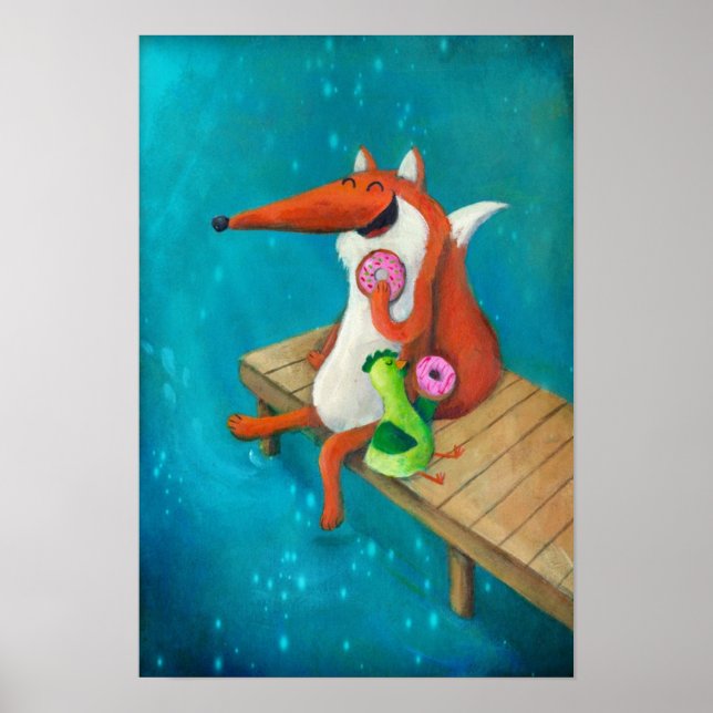 Friendly Fox och Chicken äter donuts Poster (Framsidan)