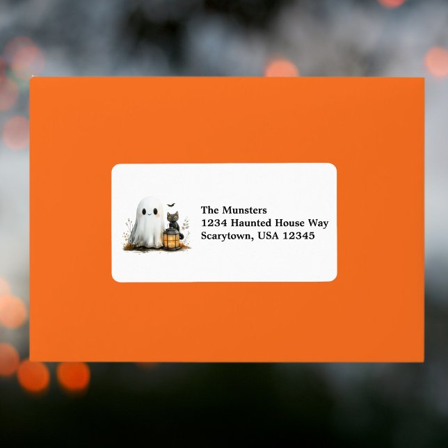 Friendly Ghost Black Cat Höst löv Halloween Adressetikett (Skapare uppladdad)