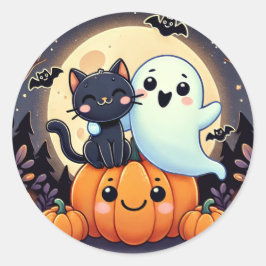Friendly Ghost och Cat Halloween Runt Klistermärke