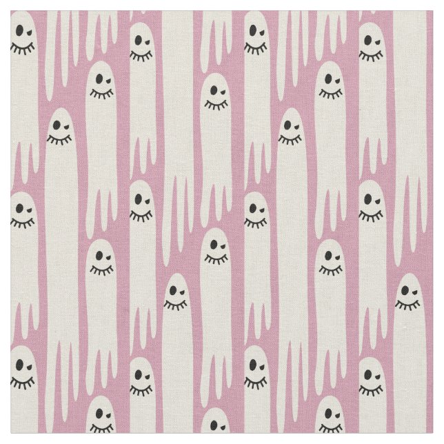 Friendly Ghosts on Cream and Pink – Halloween Patt Tyg (Närbild)