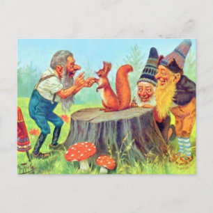 Friendly Gnomes Observe a Squirrel Vykort