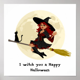 Friendly halloween häxon broom and black cat poster