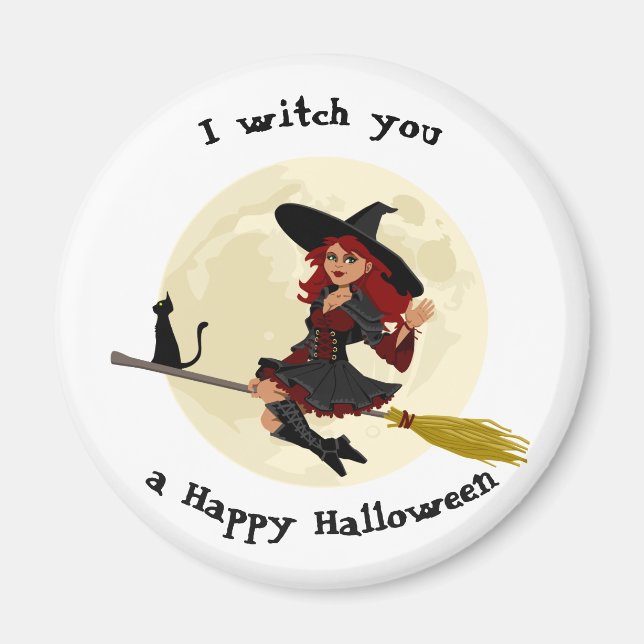 Friendly halloween häxon broom och svart katt magnet (Framsidan)