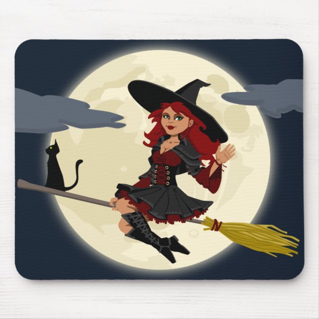 Friendly halloween häxon broom och svart katt musmatta (Framsidan)