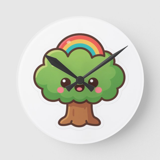 Friendly Kawaii Träd Rund Klocka (Framsida)