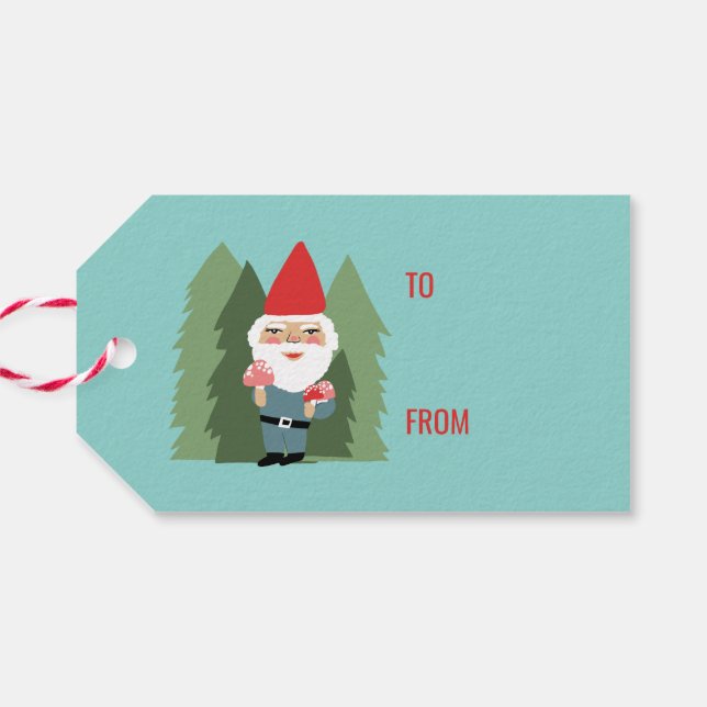 Friendly Mushroom Gnome Santa Träd jul Elf Presentetikett (Baksidan Horisontell)