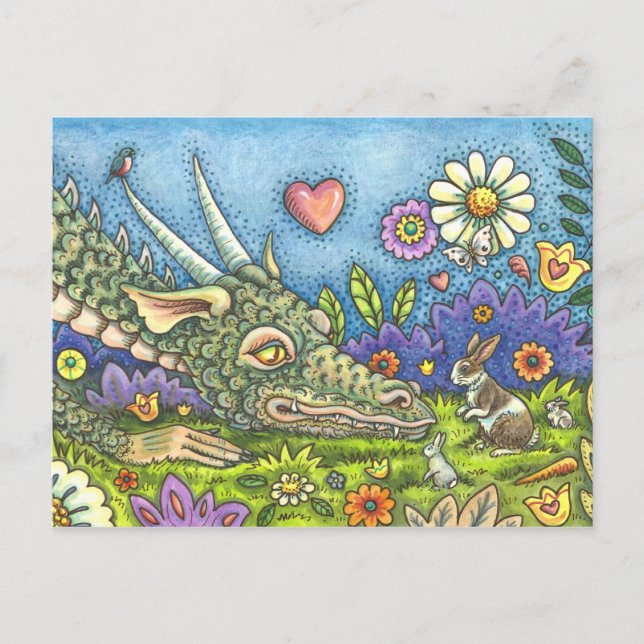 FRIENDLY PÅSK DRAGON ON BUNNY TRAIL Cute Fantasy Helg Vykort (Framsida)