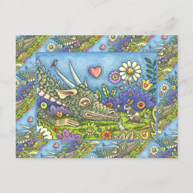 FRIENDLY PÅSK DRAGON ON BUNNY TRAIL Cute Fantasy Helg Vykort (Framsida)