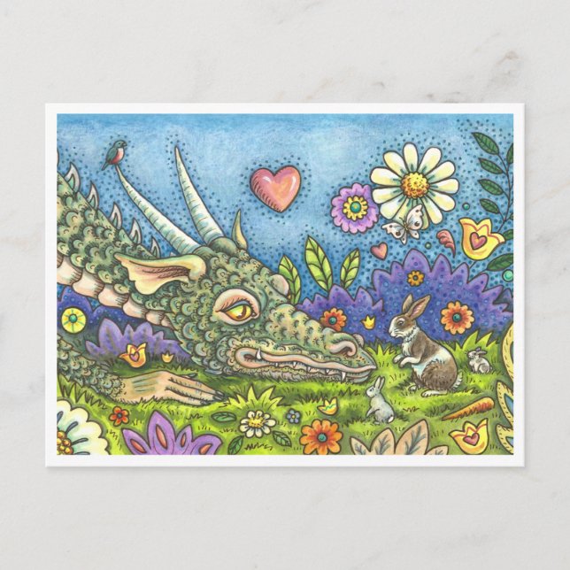 FRIENDLY PÅSK DRAGON ON BUNNY TRAIL Cute Fantasy Helg Vykort (Framsida)