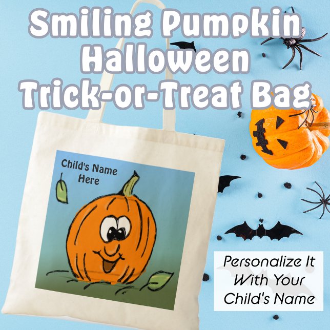 Friendly Pumpkin Smiling Cute Halloween Tygkasse (Friendly Pumpkin Trick-or-Treat bag. Personalize It with your child's name.)