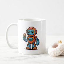 Friendly Robot Holding Flower Tecknad White Coffee
