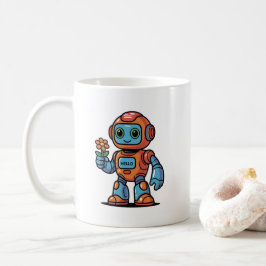 Friendly Robot Holding Flower Tecknad White Coffee Kaffemugg